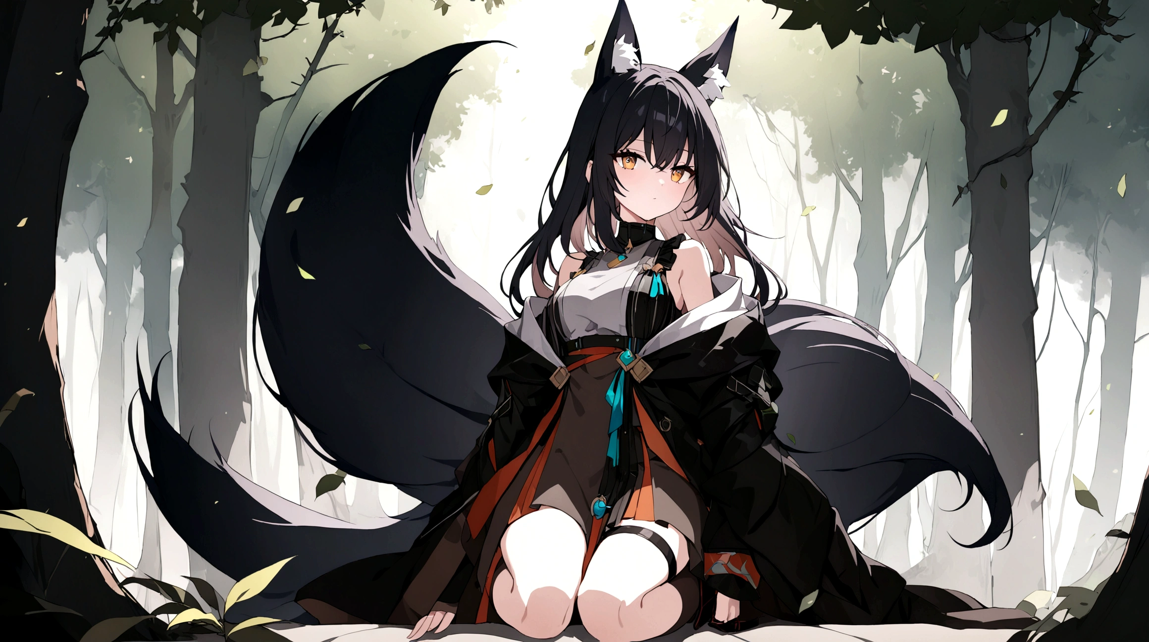 Catgirl furry, long black twin tail, forest