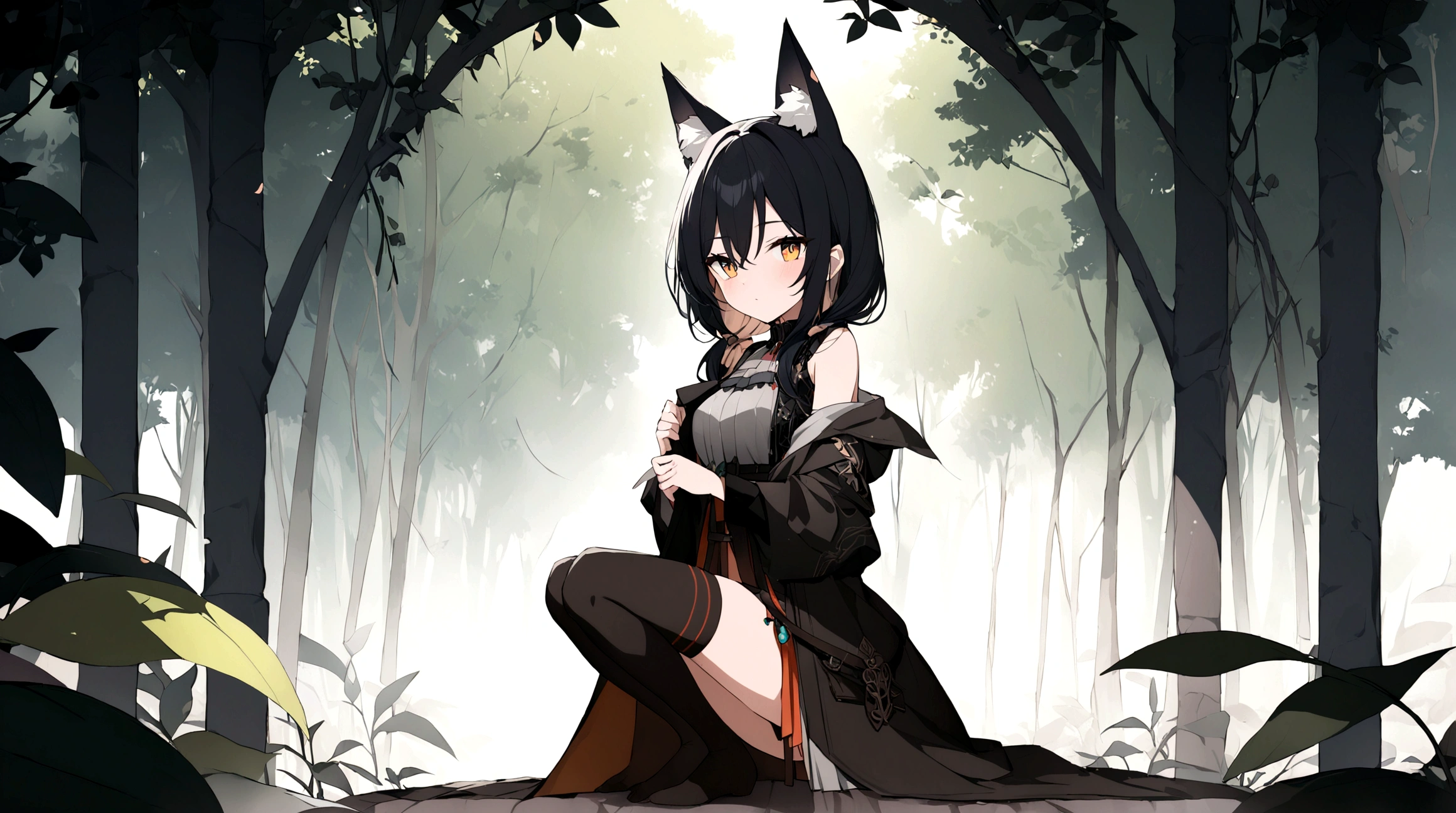 (1girl, Masterpiece, best quality) (detailed and beautiful eyes:1.6) (perfect hands, perfect anatomy) ((full body)) ((Adult)) fox-girl Misaki has short, black hair styled in a slightly tousled manner and her fox ears are perked up attentively. (She wears a long, black leather coat and cloak adorned with intricate designs.) Her outfit includes a high-collared adventurer medium dress with red accents and leather straps, emphasizing a combination of elegance and practicality. She has a black over-to-knee socks. Misaki's orange eyes exude a sense of mystery and confidence. Light filtering through the leaves create a serene yet enigmatic atmosphere. Her positon showcases her strength and readiness for battle.
