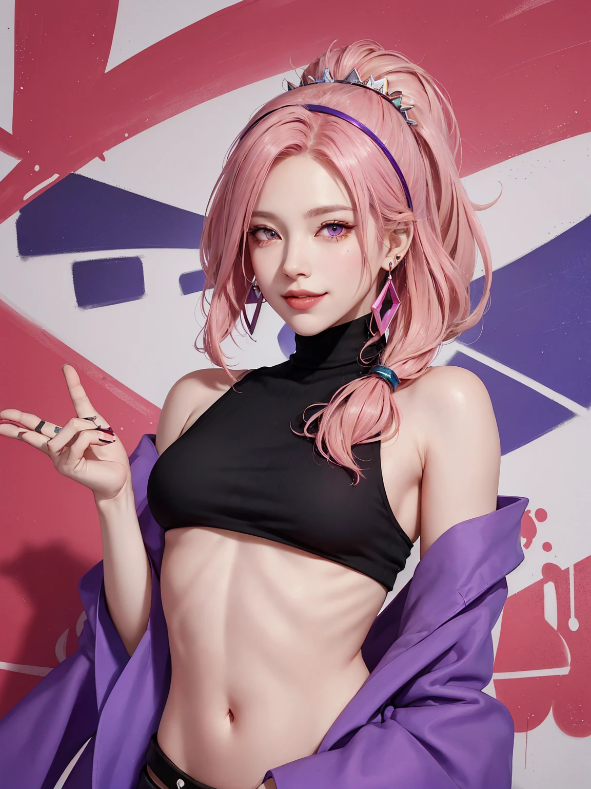 (Masterpiece, best quality, 1 girl, alone, complicated details, Chromatic aberration), realistic, ((Moderate breath)),long hair, pink hair, Red headpiece, Pink Highlights, hair on one eye,purple eyes, earring, sharp eyes, choker, Neon coat, She wears a collar, bangle, and kimono style garters., crop top, (symmetrical eyes),(Perfect symmetrical body),against the wall, Brick wall, (colorful graffiti words on the wall:1.2), The light is dim., alley ,Look at the viewer.、Dig the chest、smile、(sleeveless、Navel touch、Fitted turtleneck.)、street string hot pants、Thin bottom、Please build above the eaves..、Thin shoulders、in underwear、