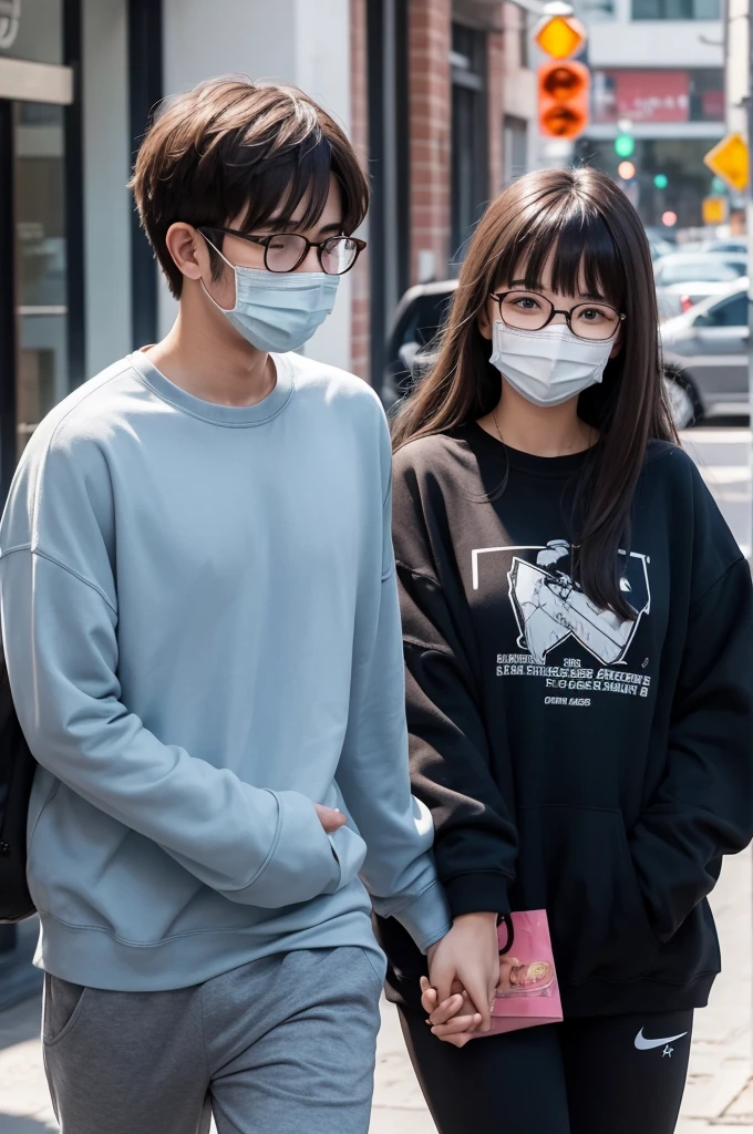 Girl with bangs and glasses with her boyfriend wearing a mask, both in sweatshirts and holding hands