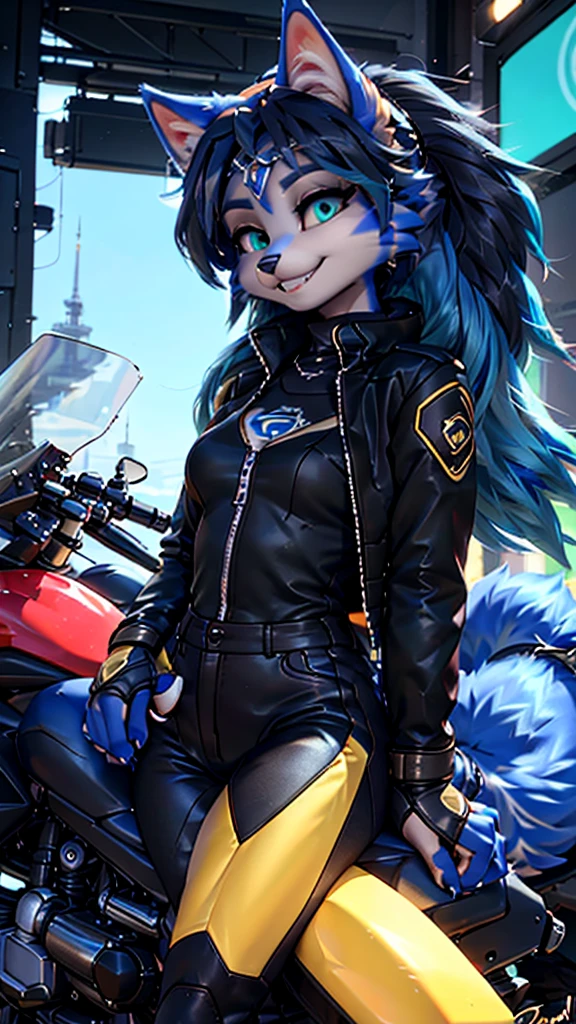 A beautiful and detailed (sweet portrait) wa ((Krystal)), Star Fox Krystal, sslim, lovable, green eyes, medium breasts, (((Long blue hair 1.3))),  ((black hair tips)), Decollete, grin, look up,, anthro, furry, Uploaded E621, detailed fluffy fur, (wa Fluff-Kevlar, Bayard Wu, Personalami, Pino Daeni), detailed face, (fluffy), 1 girl, alone, sweet girl, lederjacke, fährt motorrad, lederkombi
