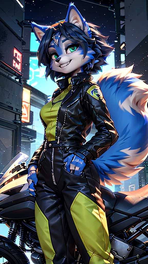 A beautiful and detailed (sweet portrait) wa ((Krystal)), Star Fox Krystal, sslim, lovable, green eyes, medium breasts, (((Long blue hair 1.3))),  ((black hair tips)), Decollete, grin, look up,, anthro, furry, Uploaded E621, detailed fluffy fur, (wa Fluff-Kevlar, Bayard Wu, Personalami, Pino Daeni), detailed face, (fluffy), 1 girl, alone, sweet girl, lederjacke, fährt motorrad, lederkombi
