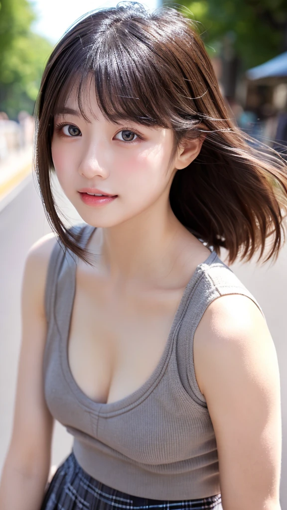 ((perfect anatomy:1.5,realistic:1.3,RAW photo:1.3,masterpiece、highest quality、Ultra - High resolution、High resolution、Detailed CG、8K)),cowboy shot,1 female,alone,dancer,18-year-old、high school girl beautiful girl,Japanese,((beautiful detailed face and eyes:1.2,big and gorgeous eyes:1.2,gray eyes)),dark brown hair,short bob hair,bangs,medium breasts,slender body,small head:1.3,skinny,(oily skin,glowing skin,shiny skin、Sweat),、plaid pleated mini skirt,on the road,Harajuku、Tokyo、