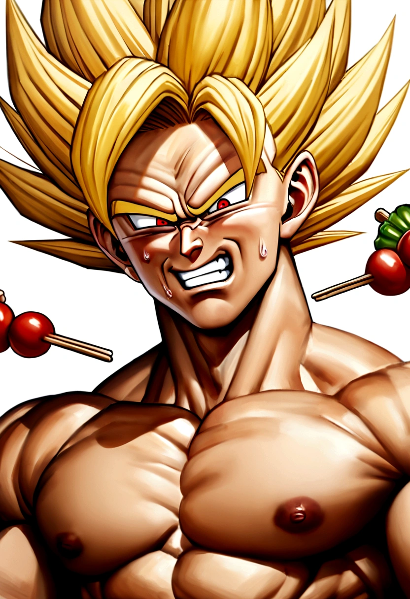 dragon ball goku, Full body portrait, Penis grown, naked, A little realistic, Facial features are carefully depicted, The origin of the dark style field, rendering, Highest quality, 8k Sharp eye focus, Correct Anatomy, Blondeの, With red eyes, I don&#39;t like skewers, Staring at the ground in anger, Battle Damage, Blonde, Blue Belt, teethを食いしばった, rage, Focus on men, Muscular, Muscular male, Proudly, heart, alone, Spiky Hair, Super Saiyan, Super Saiyan 1, teeth, Topless man, Torn clothing, bracelet, Blonde, Blonde