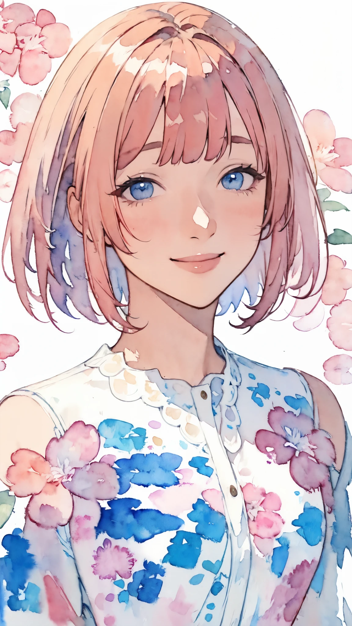 (masterpiece),(Highest quality:1.2),(Very detailed:1.2),(High resolution),(((Watercolor))),8K,Portrait of a woman smiling gently,Short Bob,Transparent watercolor,Imagine spring