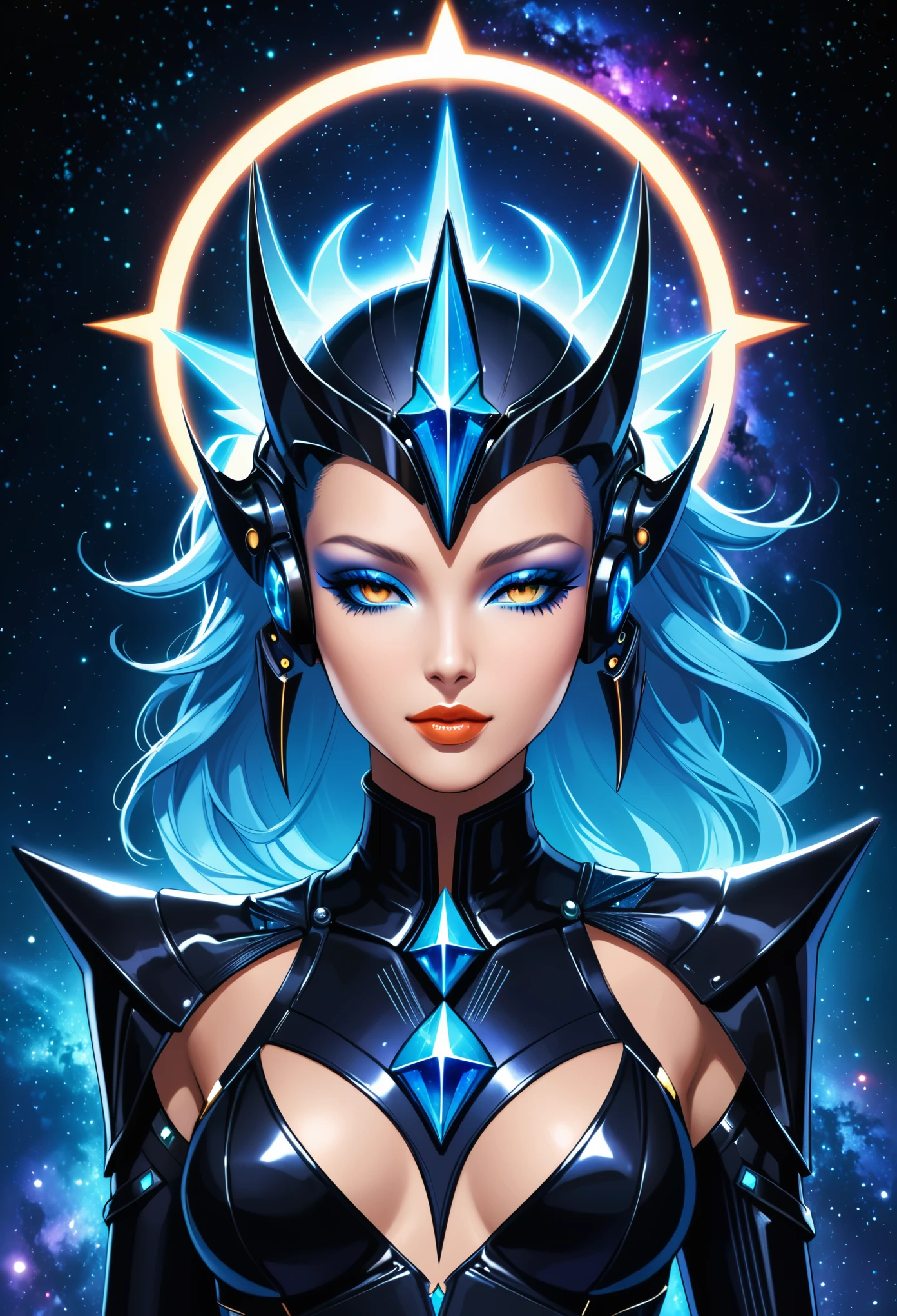 in style of Thierry Mugler,character concept design, half body,Cyberpunk style,galaxy,Fractal,Halo,Fantasy art,