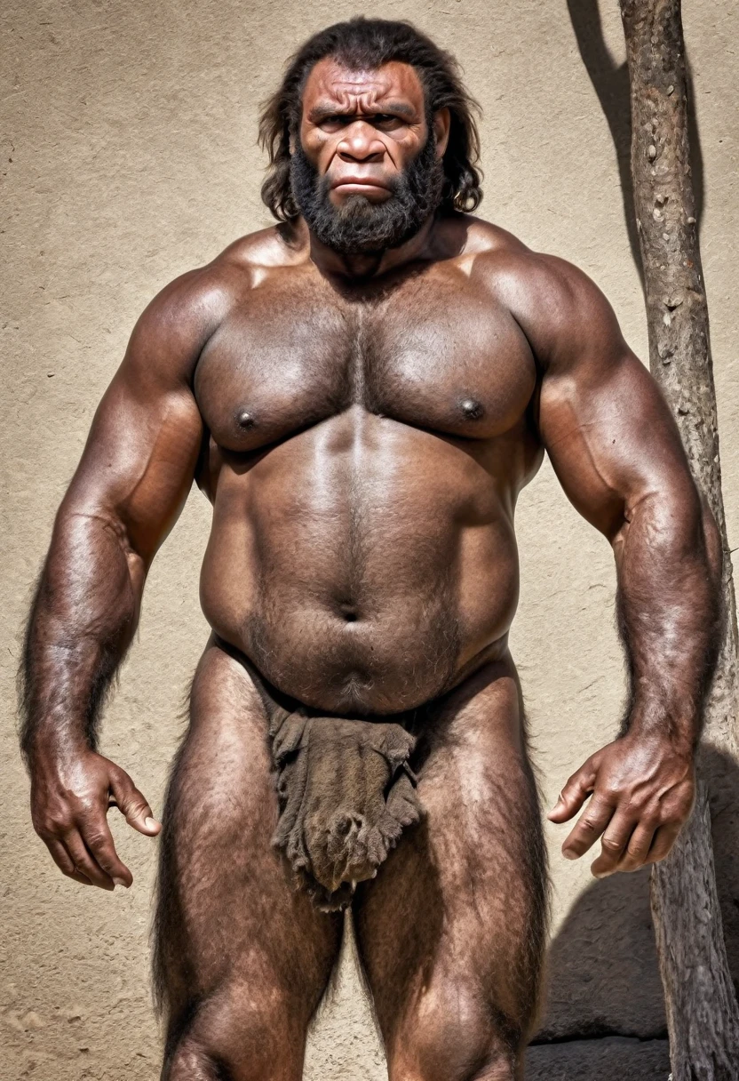 Historical, primitive, Neanderthal man,(half gorilla mix :0.2), heavyset, tall, very muscular, hairy body,  dark stubble, thick arms, thick legs, rounded pecs, big arms, veiny arms, dumb looking face, shirtless,loincloth, dark brown skin, hdr, photorealistic
