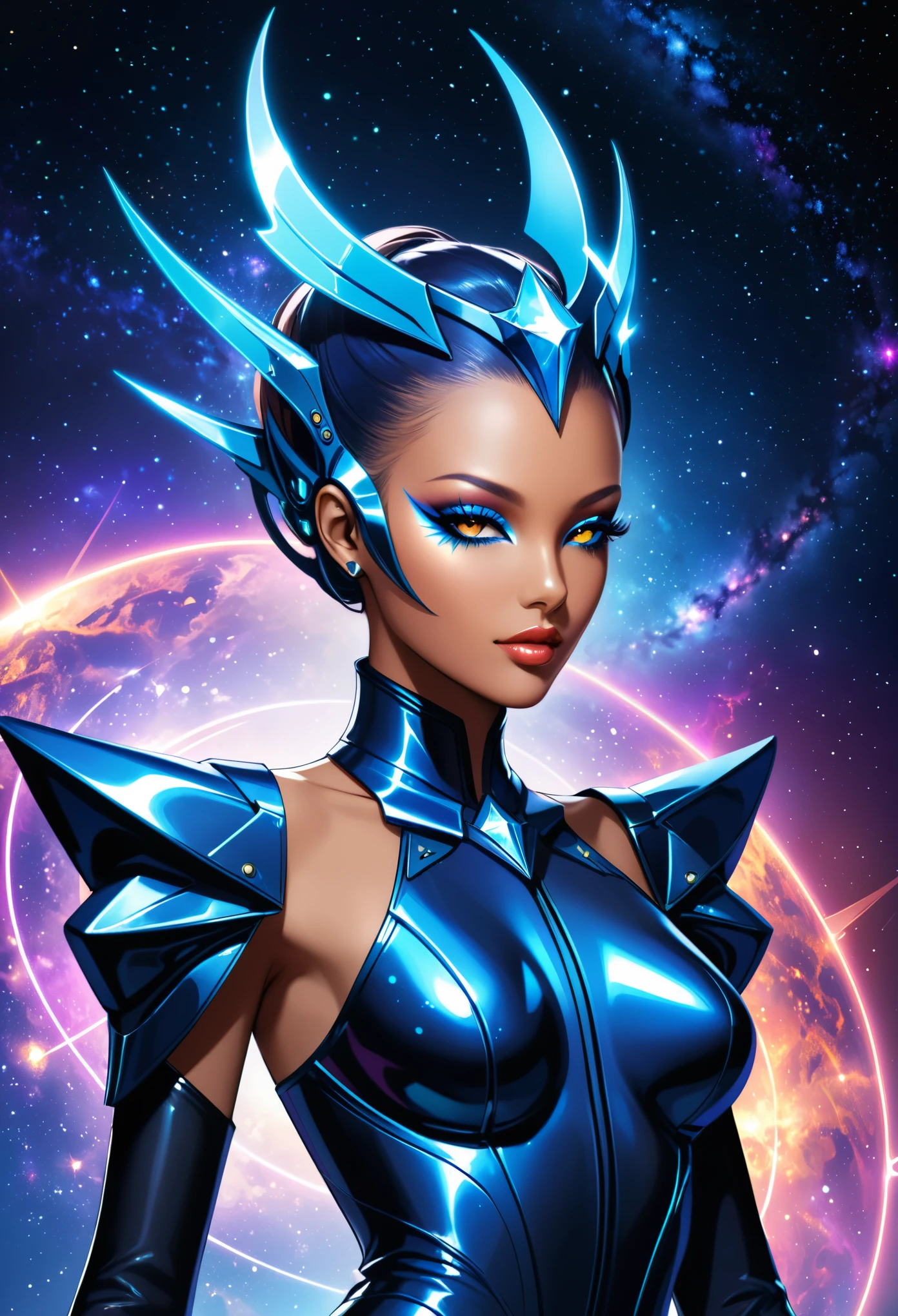 in style of Thierry Mugler,character concept design, half body,Cyberpunk style,galaxy,Fractal,Halo,Fantasy art,