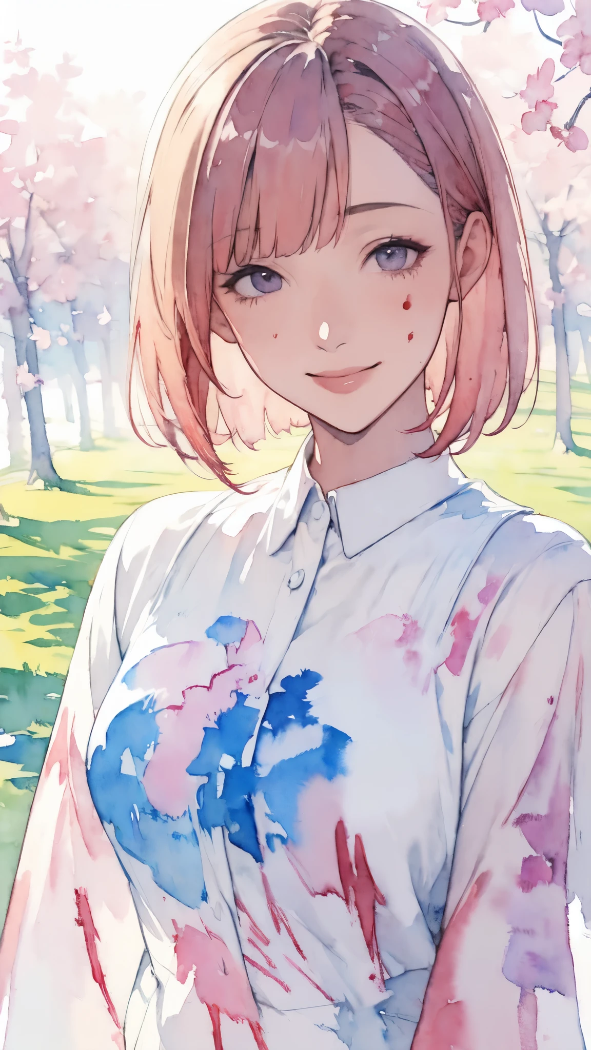 (masterpiece),(Highest quality:1.2),(Very detailed:1.2),(High resolution),(((Watercolor))),8K,Portrait of a woman smiling gently,Short Bob,((Transparent watercolor,Shades,Bleeding,Blur)),Imagine spring