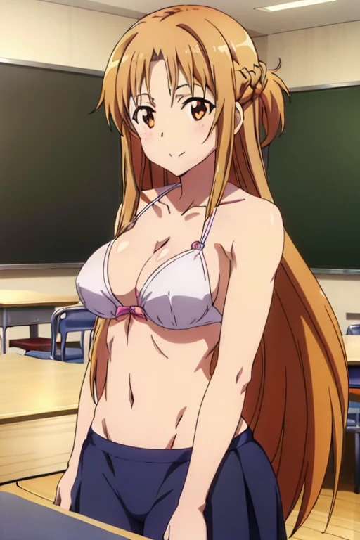 ((Tabletop, Highest quality, High resolution, Anime Screen Capture, Anime Color, In 8K, Anime key visual)):1.5, Asuna, One Girl, cute, A shy smile, (Light brown long hair:1.5), , (Large saggy breasts:1.5), Cleavage, ((White micro bikini:1.5, Thin fabric)), Umbilical cord prolapse, please lower your arms, Upper Body, classroom, ((Perfect Anatomy, Beautifully detailed face, Beautiful attention to detail, Beautiful detailed hair, Beautiful detail body)), Thick outline, Beautiful contours, Black outline