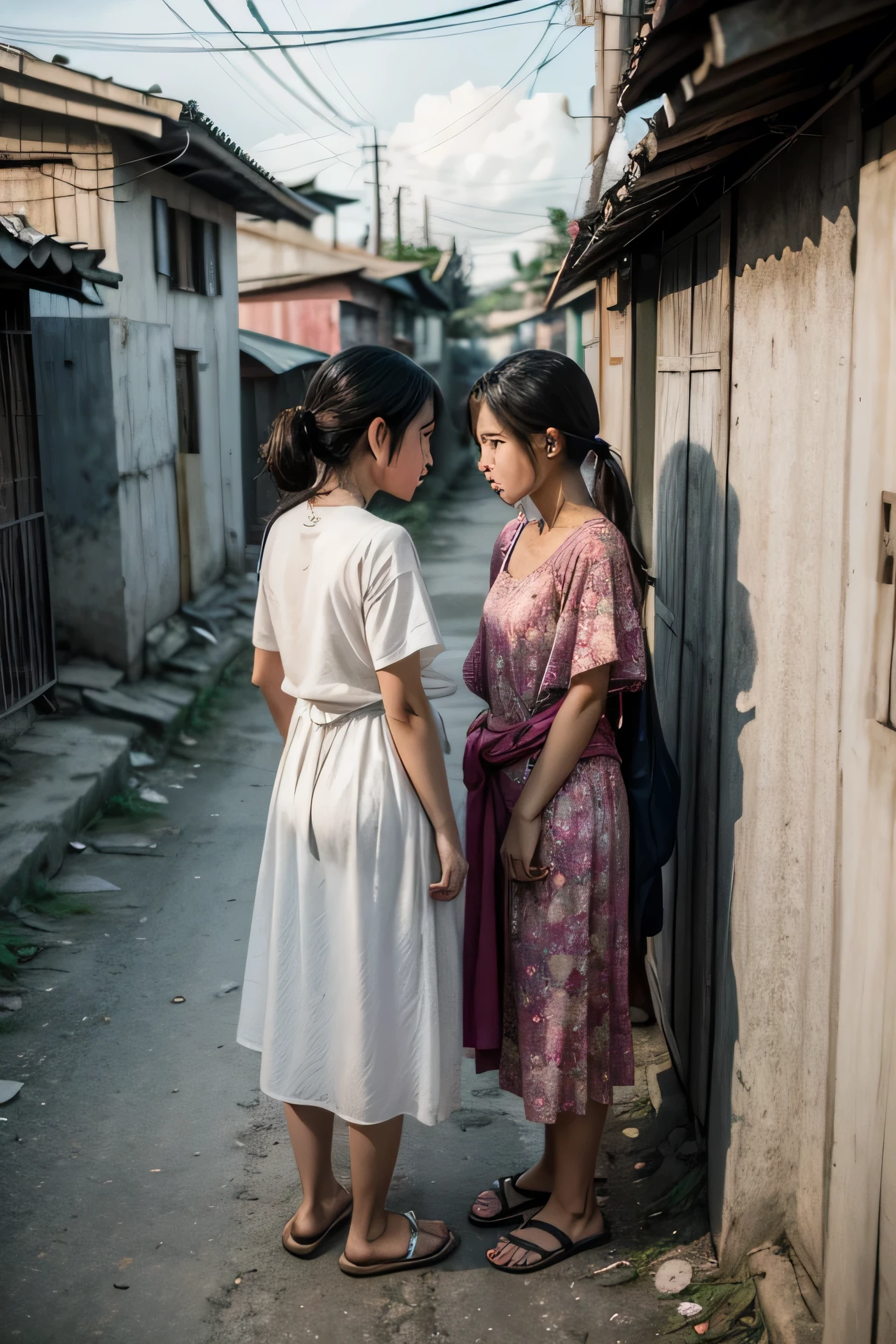 Photograph of sad beautiful Filipino women talking to each other in a very poor neighborhood, behind you can see very poor children on the street. Photograph taken with a Canon EOS R5 camera. Epic