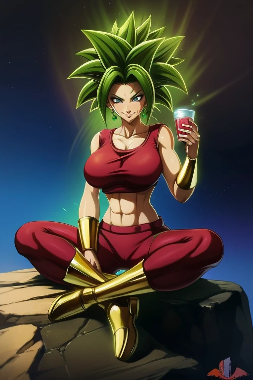 KEFLA  style, 8k, hdr, ureal engine, ultra quality, big breasts   sitting, torns ripped clothes, long breasts,detailed realistic, green bioluminisence hair, red tub top, red pants, golden bracelets, aura ki, full body