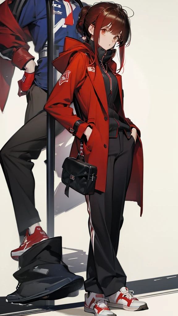 highest quality、masterpiece、Girl、Red coat、hooded sport coat、whole body，black pants、sports shoes、game portrait