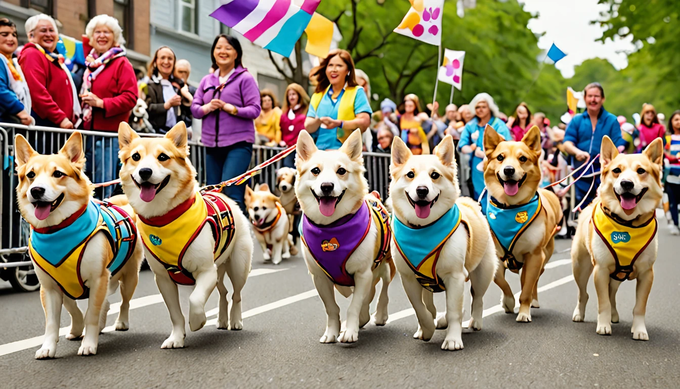 Therapy dogs of various breeds participating in a "Wan-Nyan Festival" parade. A diverse group including a Labrador Retriever, Golden Retriever, Standard Poodle, Welsh Corgi, Chihuahua, Shiba Inu, Beagle, and a mixed-breed dog, all wearing colorful therapy vests or bandanas. Dogs walking proudly down a street lined with excited spectators cheering and waving. The dogs appear happy and animated, tails wagging. Some smaller dogs riding in decorated wagons. Festive atmosphere with banners and decorations. Handlers walking alongside the dogs, smiling. Bright, cheerful scene with a diverse crowd enjoying the parade.