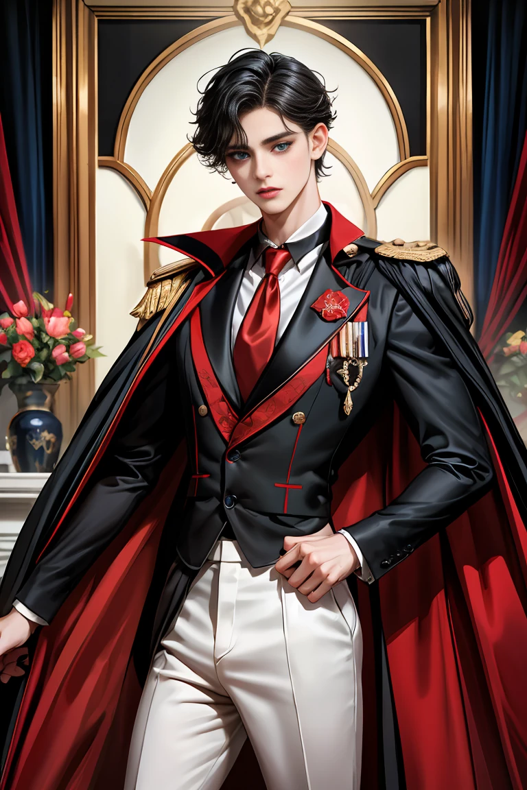 masterpiece, 最high quality, high quality, 1 boy, alone, Male focus, Watching the audience, Messy black hair, Adorable big blue eyes, White people, Noble, Noble,Sexy voluminous black and red cape、Tuxedo、A very voluminous, large, very large, very large, long, long red and black cape with a high stand-up collar, reaching down to the floor, made of a lot of fabric., ,Cute beautiful boys,Cute, cute, kind, handsome guy