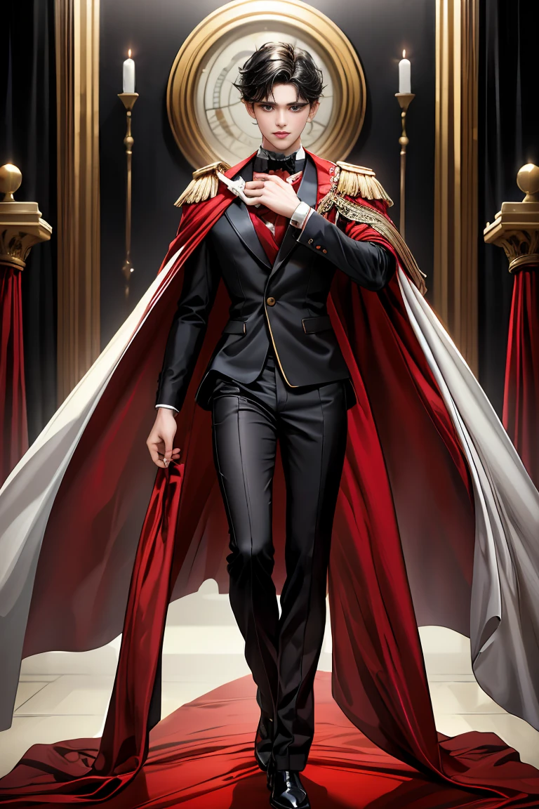 masterpiece, 最high quality, high quality, 1 boy, alone, Male focus, Watching the audience, Messy black hair, Adorable big blue eyes, White people, Noble, Noble,Sexy voluminous black and red cape、Tuxedo、A very voluminous, large, very large, very large, long, long red and black cape with a high stand-up collar, reaching down to the floor, made of a lot of fabric., ,Cute beautiful boys,Cute, cute, kind, handsome guy