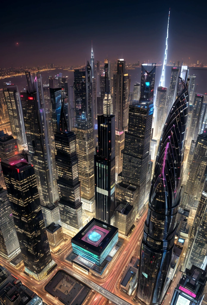 Generate an image of a futuristic city that blends the architectural styles and iconic elements of Dubai, Manhattan, and Tokyo. The cityscape should feature a mix of towering skyscrapers with the sleek, modern design of Dubai, the dense, grid-like structure of Manhattan, and the vibrant, neon-lit streets of Tokyo. Incorporate key elements such as Dubai's futuristic buildings and waterfront, Manhattan's iconic skyline and Central Park, and Tokyo's bustling Shibuya Crossing and traditional temples. The city should exude a cosmopolitan and energetic atmosphere, seamlessly integrating the distinct characteristics of these three cities into a cohesive urban environment.