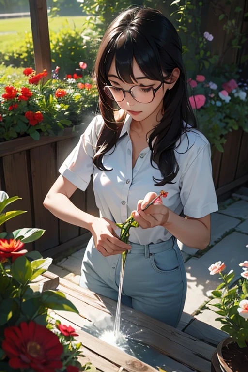 Highest quality、masterpiece、High sensitivity、High resolution、Detailed Description、One Woman、Slim Body、Glasses、Watering the flowers in the flowerbed、