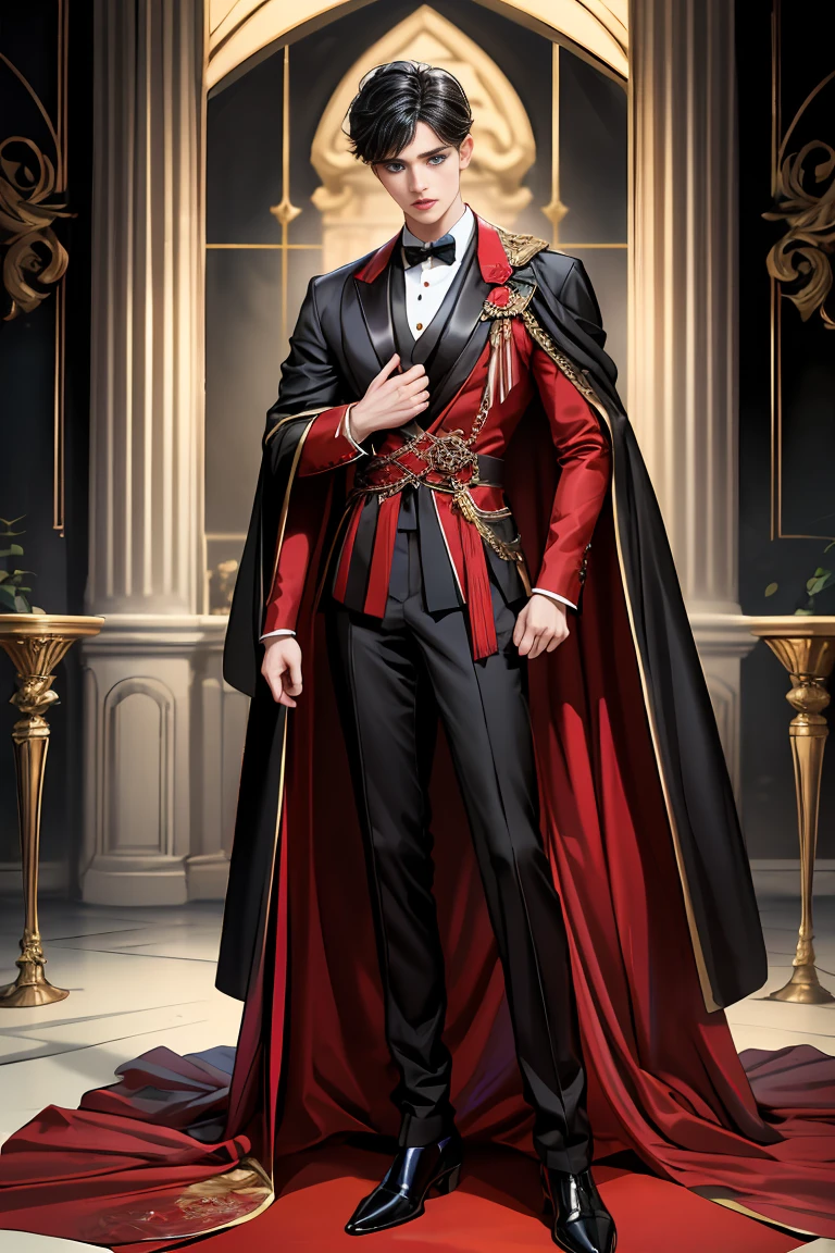 
masterpiece, 最high quality, high quality, 1 boy, alone, Male focus, Watching the audience,  Messy black hair, Adorable big blue eyes, White people, Noble, Noble,Sexy voluminous black and red cape、Tuxedo、A very voluminous, large, very large, very large, long, long red and black cape with a high stand-up collar, reaching down to the floor, made of a lot of fabric., ,Cute beautiful boys,Cute, cute, kind, handsome guy