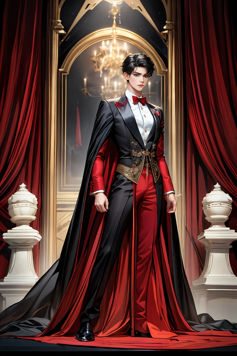 masterpiece, 最high quality, high quality, 1 boy, alone, Male focus, Watching the audience, Messy black hair, Adorable big blue eyes, White people, Noble, Noble,Sexy voluminous black and red cape、Tuxedo、A very voluminous, large, very large, very large, long, long red and black cape with a high stand-up collar, reaching down to the floor, made of a lot of fabric., ,Cute beautiful boys,Cute, cute, kind, handsome guy