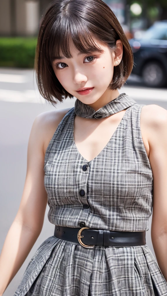 ((perfect :1.5,realistic:1.3,RAW photo:1.3,masterpiece、highest quality、Ultra - High resolution、High resolution、Detailed CG、8K)),cowboy shot,1 female,alone,dancer,18-year-old、high school girl beautiful girl,Japanese,((beautiful detailed face and eyes:1.2,big and gorgeous eyes:1.2,gray eyes)),dark brown hair,short bob hair,bangs,medium breasts,slender body,small head:1.3,skinny,(oily skin,glowing skin,shiny skin、Sweat),、plaid pleated mini skirt,on the road,Harajuku、Tokyo、