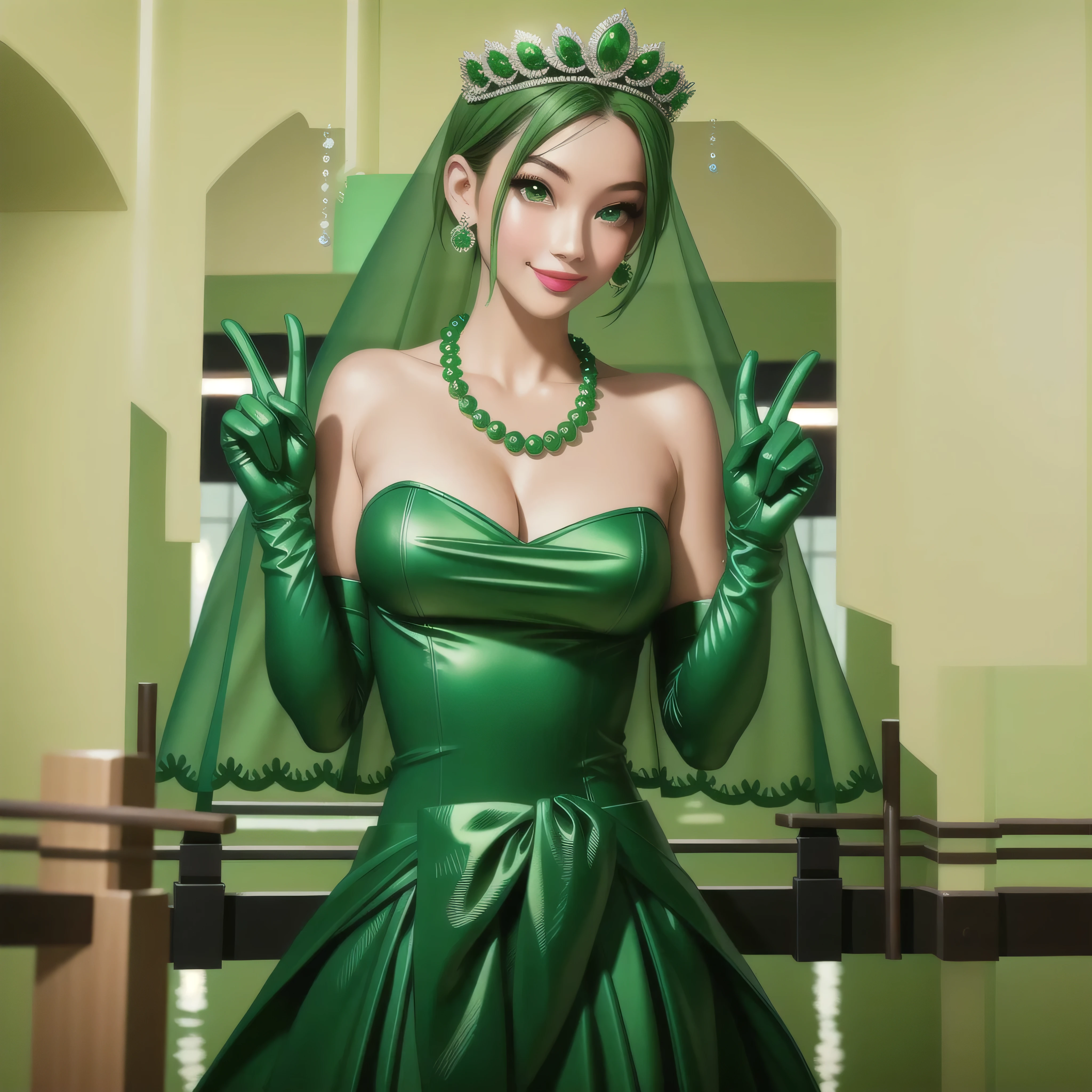 emerald tiara, Green Pearl Necklace, Boyish very short green hair, Green Lips, Smiling Japanese woman, Very short hair, Busty beautiful lady, Green Eyes, Green satin long gloves, Green Eyes, Emerald Earrings, Green veil, Vsain, Green Hair, Beautiful Japanese Woman, green lip gloss