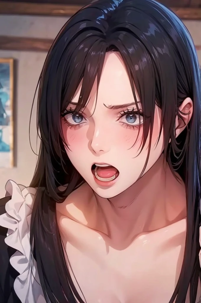 (suspense scene ((CONCEPT ART)), extremely detailed with a girl wearing jeans with brown coat and boots), (better lighting, better shadow, an extremely delicate and scary), (digital illustration), ((4k painting)), [(dynamic angle,((1girl)),white hair, (beautiful face, perfect face, scared,) expression of fear, torn clothes, a gun in hand, sitting on the floor, darkness, scary house),  [:(dark, mysterious, game paint, sinister setting, jagged corridors, big house, deadly silence):]