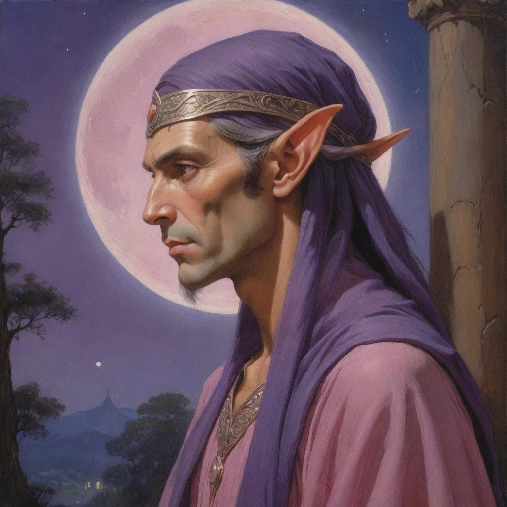 Masterpiece, (realistic), (propaganda poster), ((Moebius Jean Giraud)), ((((haughty upright profile portrait of a veiled male wood elf, young, priestess, sensual, imposing, dignified, proud, arrogant, wearing silk, purple and pink robes with detailed crescent moon, star elements, petting a cat)))), ((Corinthian columns, jungle, dusk background, moths))