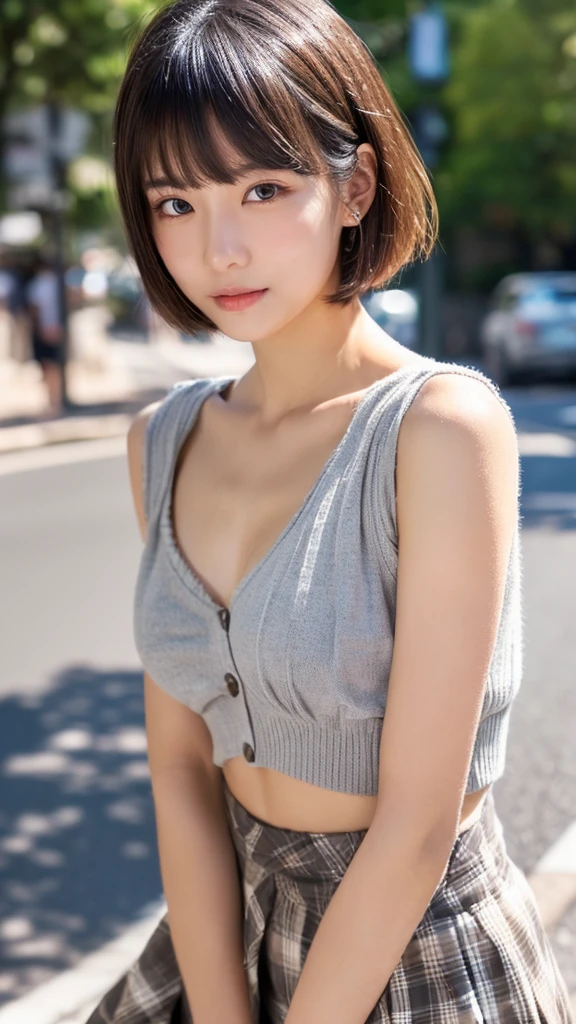 ((perfect anatomy:1.5,realistic:1.3,RAW photo:1.3,masterpiece、highest quality、Ultra - High resolution、High resolution、Detailed CG、8K)),cowboy shot,1 female,alone,dancer,18-year-old、high school girl beautiful girl,Japanese,((beautiful detailed face and eyes:1.2,big and gorgeous eyes:1.2,gray eyes)),dark brown hair,short bob hair,bangs,medium breasts,slender body,small head:1.3,skinny,(oily skin,glowing skin,shiny skin、Sweat),、plaid pleated mini skirt,on the road,Harajuku、Tokyo、