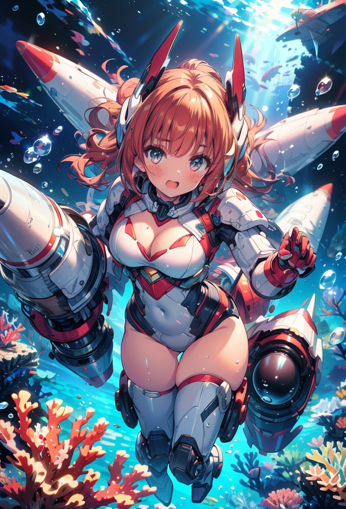 masterpiece, best quality, high resolution, extremely detailed CG, absurdres, highres, 1girl, solo, a girl in mech suit moving fast with rocket boosters under the sea,headgear,Thighs, cleavage, jets, torpedo, arounded by bubbles, coral, ((under water)), Colorful portraits