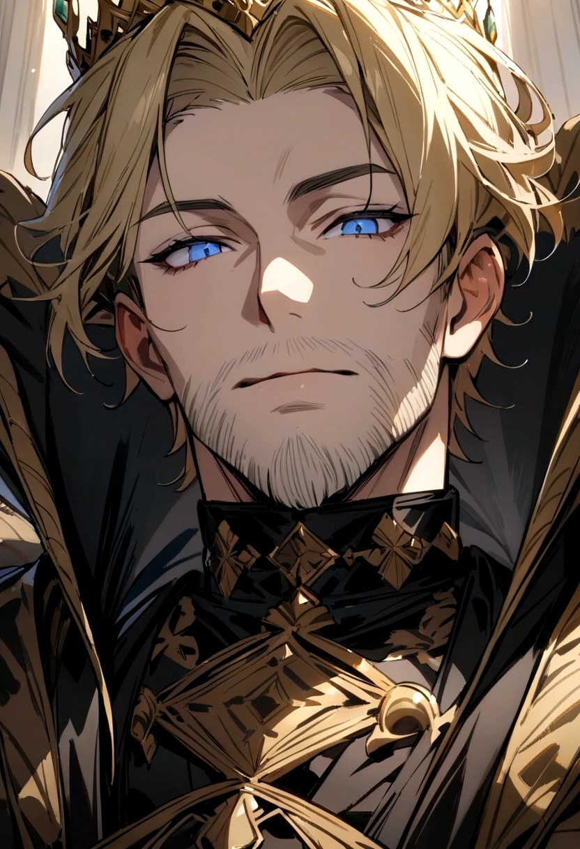 Blond man, blue eyes, short hair, Thin beard on chin, Dressed in the black clothes of a noble king, masterpiece, Highest quality