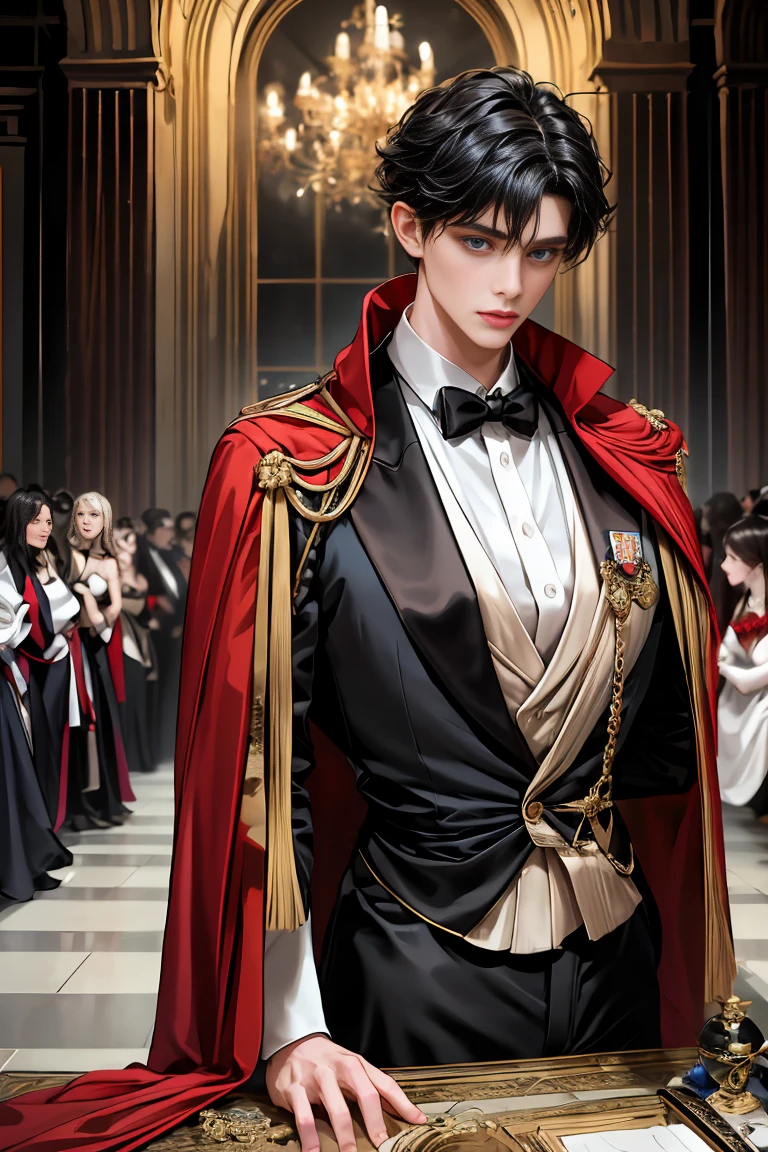 masterpiece, 最high quality, high quality, 1 boy, alone, Male focus, Watching the audience, Messy black hair, Adorable big blue eyes, White people, Noble, Noble,Sexy voluminous black and red cape、Tuxedo、A very voluminous, large, very large, very large, long, long red and black cape with a high stand-up collar, reaching down to the floor, made of a lot of fabric., 17 years old,Cute beautiful boys,Cute, cute, kind, handsome guy