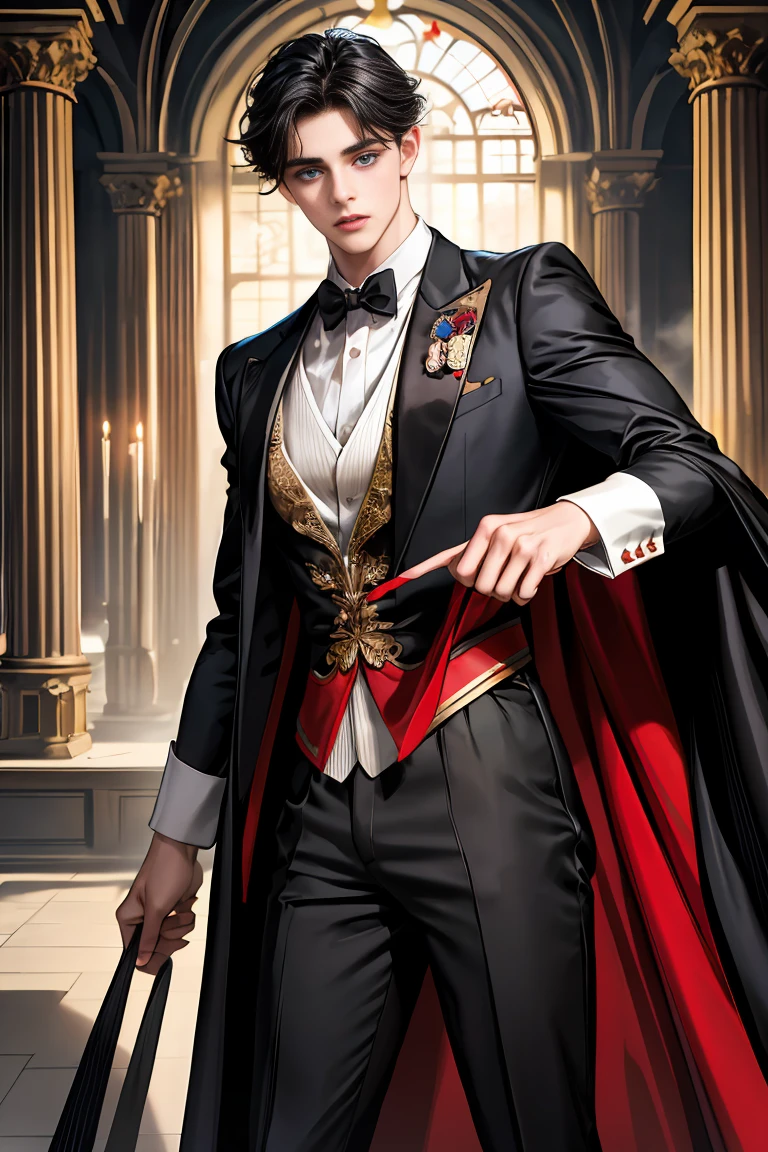 masterpiece, 最high quality, high quality, 1 boy, alone, Male focus, Watching the audience, Messy black hair, Adorable big blue eyes, White people, Noble, Noble,Sexy voluminous black and red cape、Tuxedo、A very voluminous, large, very large, very large, long, long red and black cape with a high stand-up collar, reaching down to the floor, made of a lot of fabric., 17 years old,Cute beautiful boys,Cute, cute, kind, handsome guy