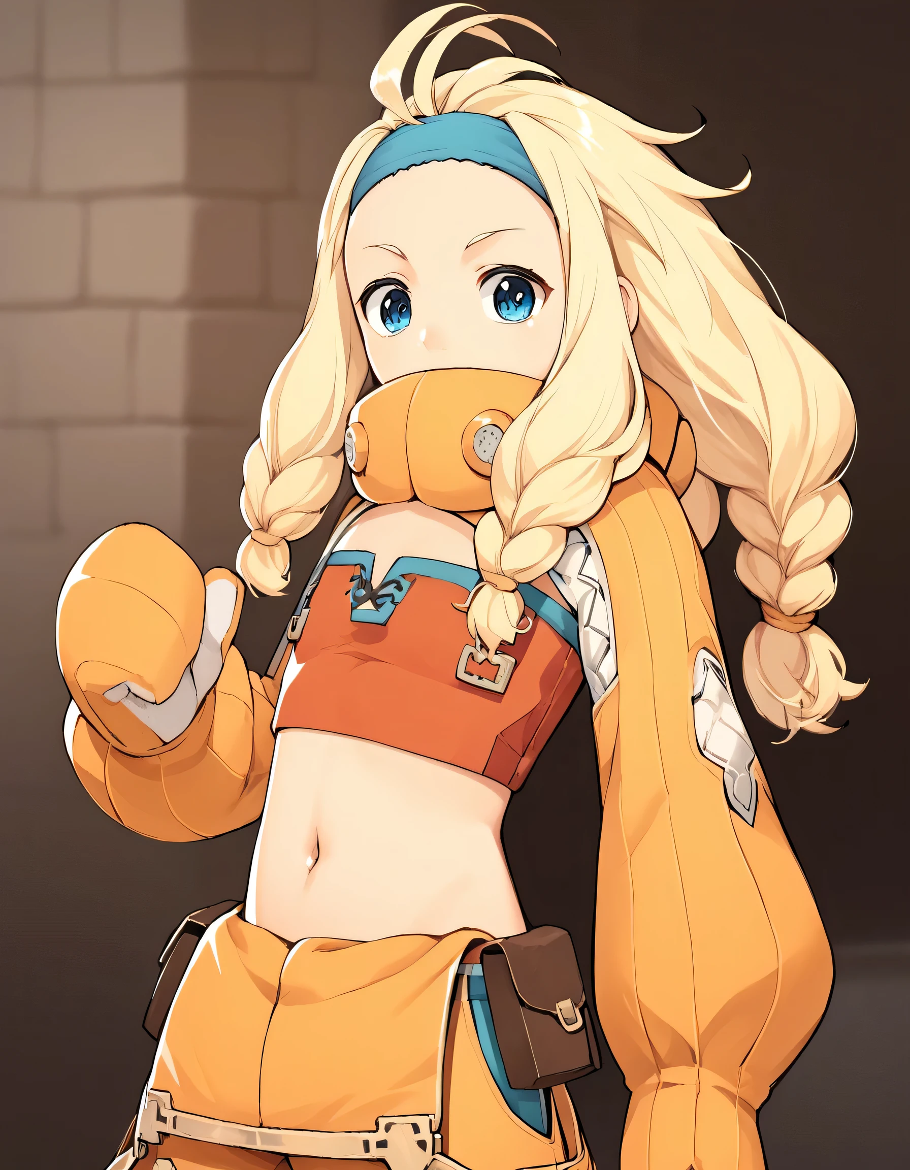 long hair, blonde hair, braid, multiple braids, blue eyes, ahoge, hairband, overalls, navel, midriff, baggy pants, pouch, high collar, detached sleeves, mittens, tube top, blurry, score_9, score_8_up, score_7_up, score_6_up, score_5_up, score_4_up, BREAK source_anime, masterpiece