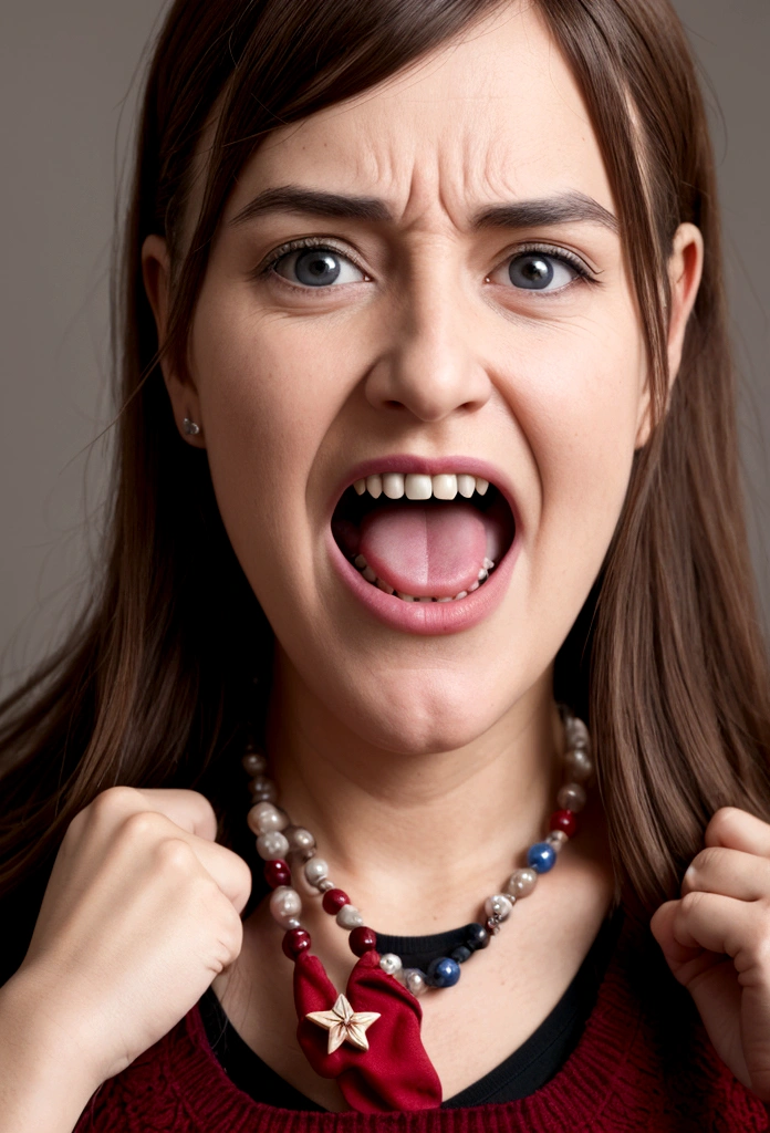 a young woman holding chains licks the chains, tatoo, mouth open, tongue, saliva, crazy, bug eyes, 