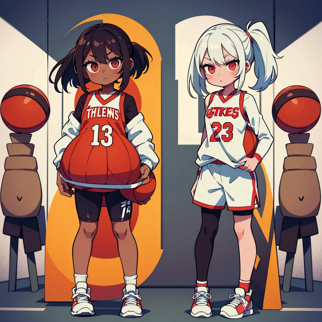 Stand in front of the photo、1girl in, (((dark skin))), Full body, long wild white hair pulled back, sneakers, look of concentration, kawaii pose, sporty, basketball, Wearing colored tights, up of face、Eye Up、Colorcon with heart pattern, basketball clothing, posing with basketball、