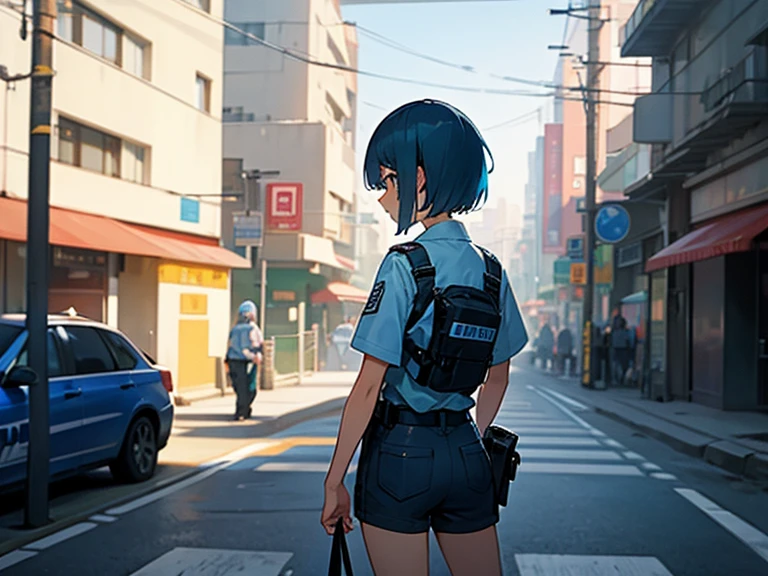 1girl, short blue hair, police shirt, tomboy, shorts, backview, on a busy street