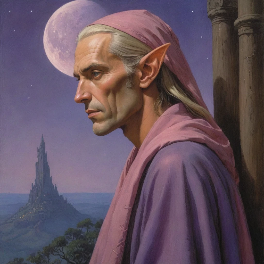 Masterpiece, (realistic), (propaganda poster), ((Moebius Jean Giraud)), ((((haughty upright profile portrait of a veiled male wood elf, blonde, young, priestess, sensual, imposing, dignified, proud, arrogant, wearing silk, purple and pink robes with detailed crescent moon, star elements, petting a cat)))), ((Corinthian columns, jungle, dusk background, moths))