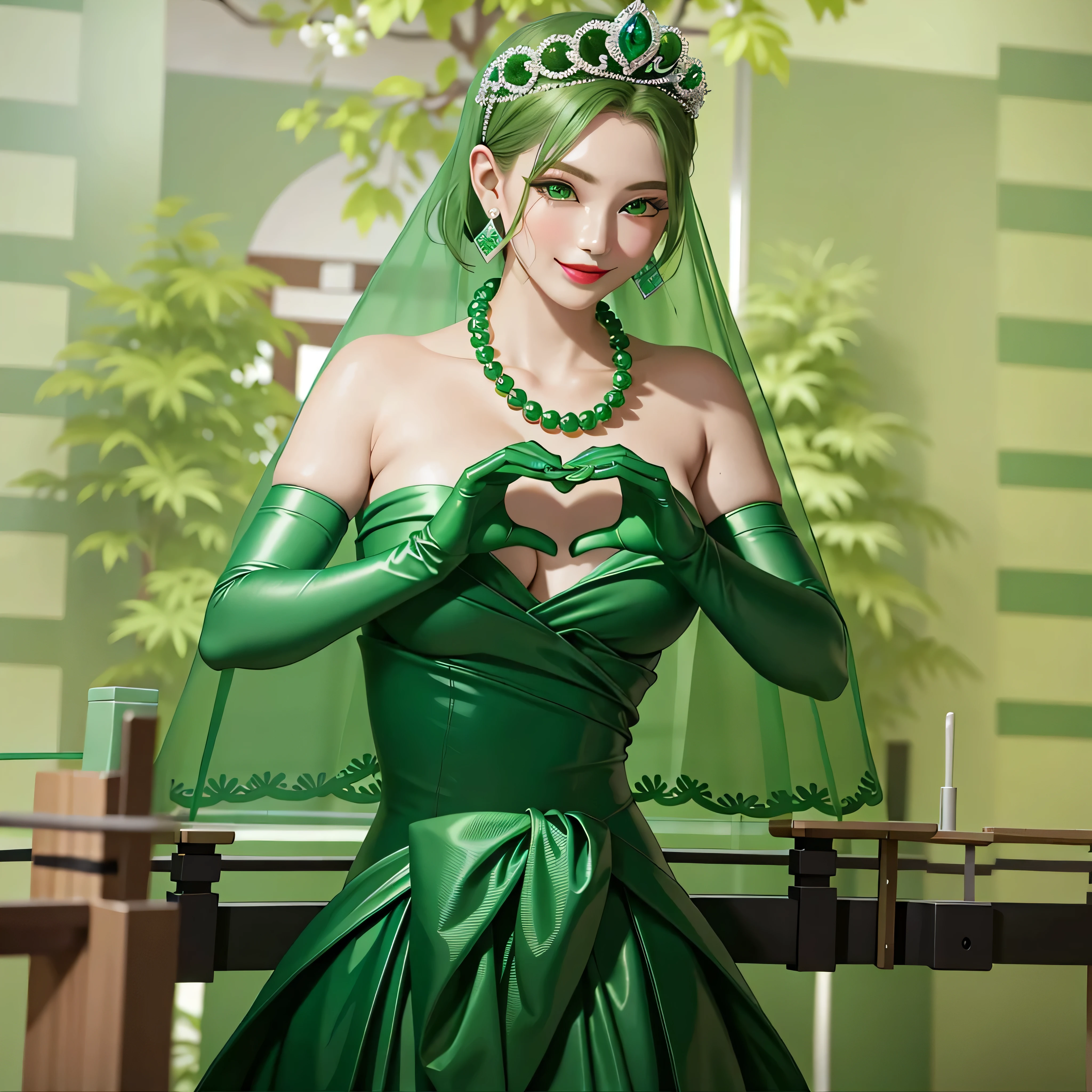 emerald tiara, Green Pearl Necklace, Boyish very short green hair, Green Lips, Smiling Japanese woman, Very short hair, Busty beautiful lady, Green Eyes, Green satin long gloves, Green Eyes, Emerald Earrings, Green veil, Heart with both hands, Green Hair, Beautiful Japanese Women, Heart shaped hands:1.3, green lip gloss