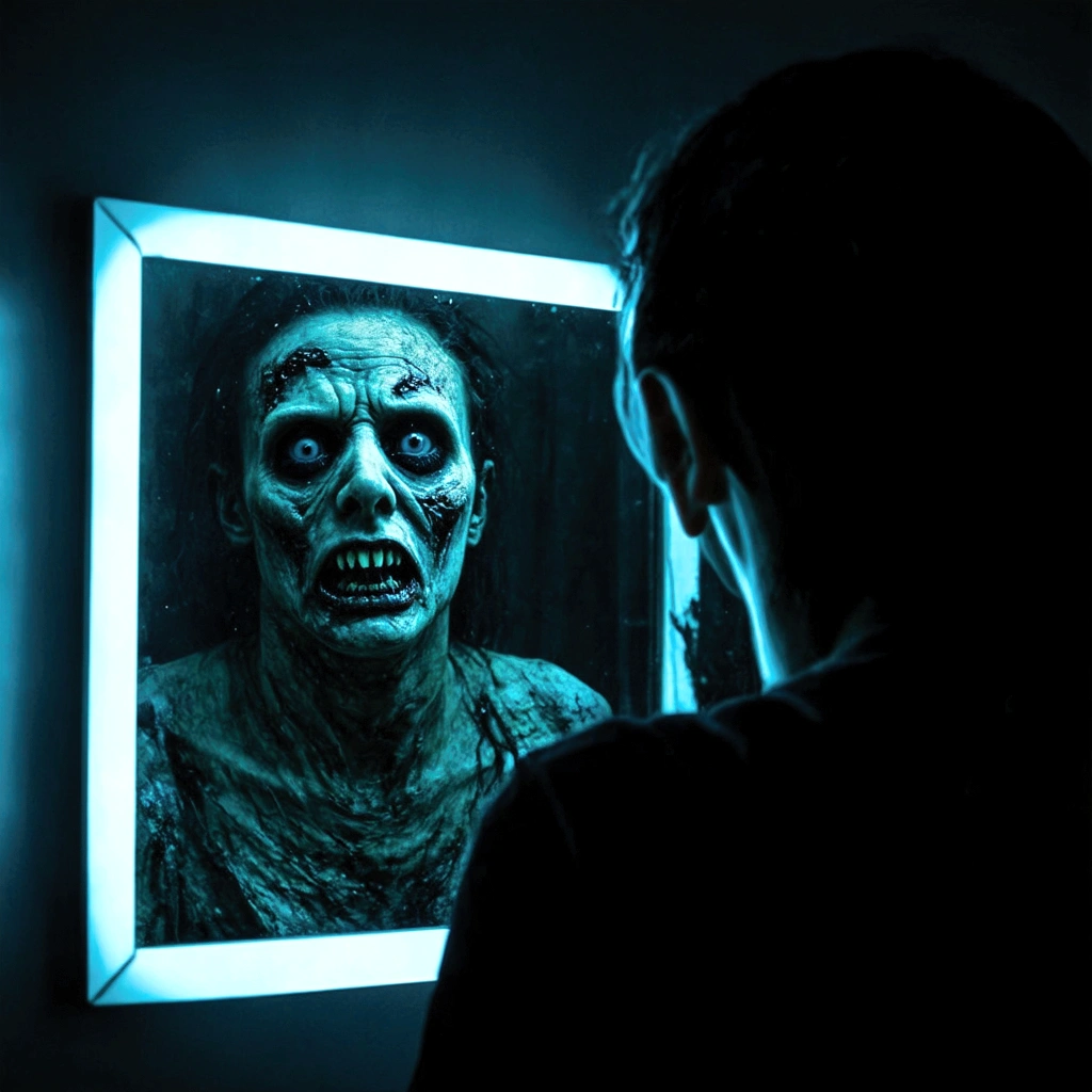 A person looking at themselves in a mirror, mirrored reflection slowly turning into a zombie, detailed face with sunken eyes, decaying skin, sharp teeth, ominous atmosphere, dramatic lighting, cinematic composition, horror, dark fantasy, moody colors, dramatic shadows