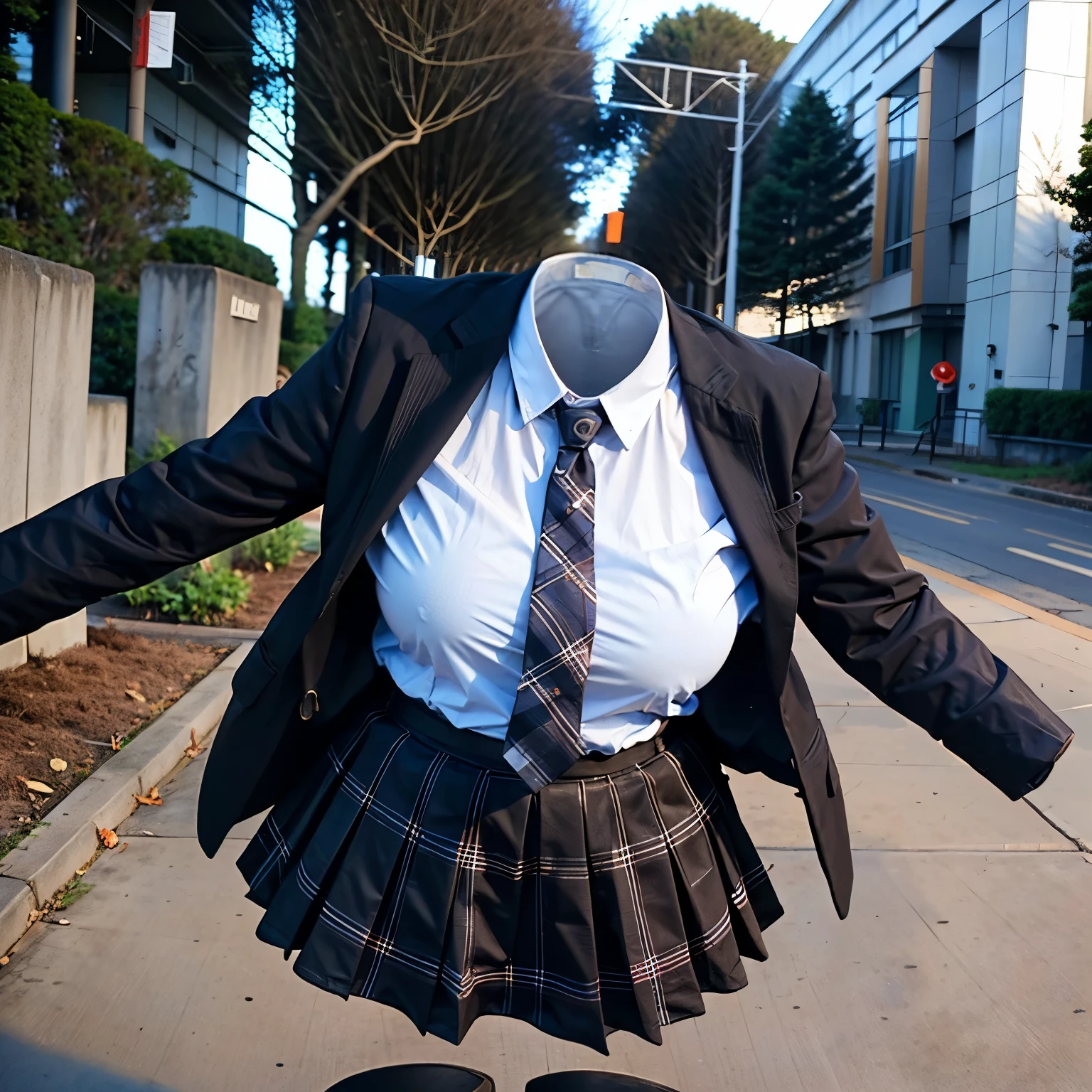 leaning forward, from below, school blazer, plaid skirt, stripe tie, fat, cute big breasts, (invisible, no human, headless, handless:1.5)