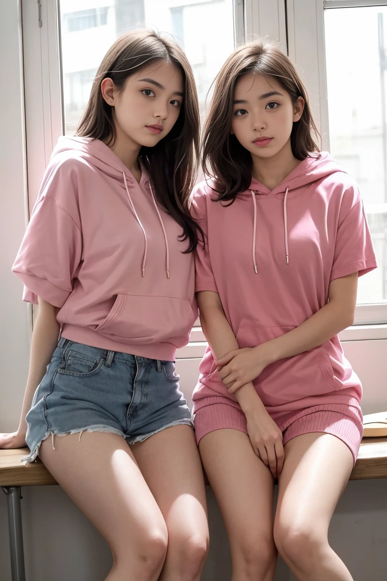 deux femmes ensemble de 18 ans sexy et mince , pink short sleeve hoodie , salle de classe, se touche,position sey,sensuel