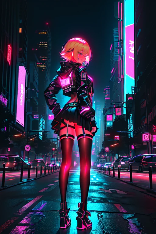 (tanned young woman), ((Short blonde hair, red lipgloss stick, blue colored eyes)), albino, pretty girl, A girl, photo by full body, skin detailed,   
, ((standing backwards, looking at the camera, showing the ass )) ((Black synthetic panties, Cramped, highlighting the ass and pussy)),Nyonix cyberpunk city landscape, sexy cyberpunk anime girl wearing a short skirt,Red sheer panties,posing from behind in a metropolis with a rebellious spirit. Your hair seemed to dance under neon lights, The color changes with each heartbeat. His costume is a fusion of threads, circuit, and urban fashion, Decorated with neon signs，Shines like a city light. Nyonix exudes an aura of technical prowess, As if she could invade the cities around her. In her presence, Cyberpunk cityscapes come to life, Holographic billboard changes to show your message，The air was filled with mechanical hums and protest slogans, detailed features, face detailed, Detailed Hands --niji 5 --s 750