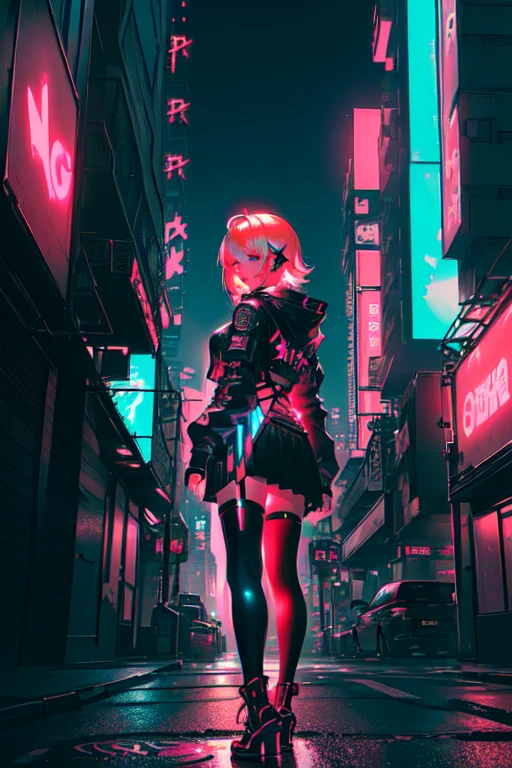 (tanned young woman), ((Short blonde hair, red lipgloss stick, blue colored eyes)), albino, pretty girl, A girl, photo by full body, skin detailed,   
, ((standing backwards, looking at the camera, showing the ass )) ((Black synthetic panties, Cramped, highlighting the ass and pussy)),Nyonix cyberpunk city landscape, sexy cyberpunk anime girl wearing a short skirt,Red sheer panties,posing from behind in a metropolis with a rebellious spirit. Your hair seemed to dance under neon lights, The color changes with each heartbeat. His costume is a fusion of threads, circuit, and urban fashion, Decorated with neon signs，Shines like a city light. Nyonix exudes an aura of technical prowess, As if she could invade the cities around her. In her presence, Cyberpunk cityscapes come to life, Holographic billboard changes to show your message，The air was filled with mechanical hums and protest slogans, detailed features, face detailed, Detailed Hands --niji 5 --s 750