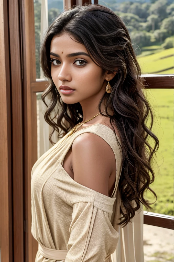 1girl in, age19, Solo, Aesthetic artwork, a beautiful Sri Lankan model, wavy dark brown hair, shoulder length hair, sri lankan hairstyle, light brown eyes, light tan skin, thin face, runners body, (textured skin, skin pores:1.1), goosebumps, wearing a light sri lankan traditional dress, seductive pose, beautiful Nuwara Eliya landscape as the background, sunny, natural light, Nikon Z8 + NIKKOR Z 24-120 mm f/4 S