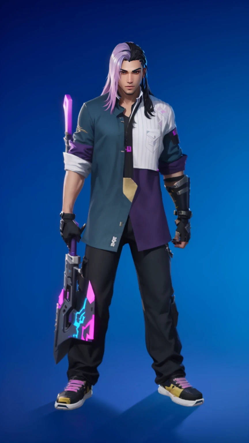 arafed male in a purple shirt and black pants holding a pink sword, tane skin, lunar themed attire, single character full body, fuchsia skin, mechanic punk outfit, fortnite character, full body shot hyperdetailed, sharp silver armor fuchsia skin, full body single character, as a fortnite character, detailed full body concept, fuschia skin, new character