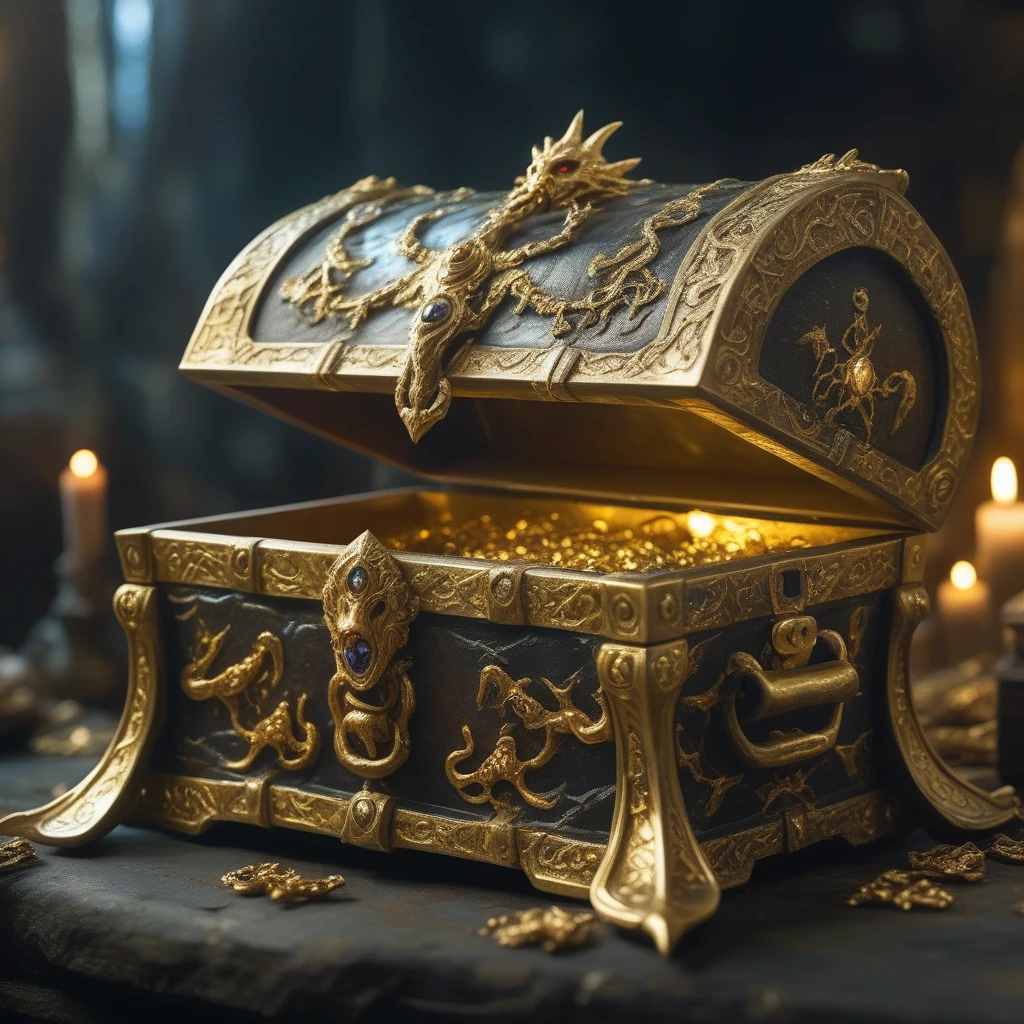 Monster disguised as a treasure chest, Very detailed, Complex design, Gorgeous gold embellishment, Shining Magic Aura, sharp claws and teeth, Ominous Presence, fantasy, Dark gloomy lights, Composition, Dramatic shadows, Rich colors, number, Concept Art, The award-winning