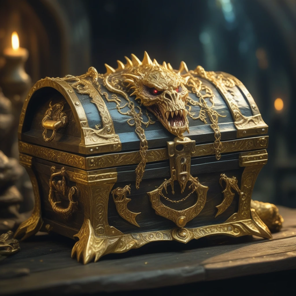 Monster disguised as a treasure chest, Very detailed, Complex design, Gorgeous gold embellishment, Shining Magic Aura, sharp claws and teeth, Ominous Presence, fantasy, Dark gloomy lights, Composition, Dramatic shadows, Rich colors, number, Concept Art, The award-winning