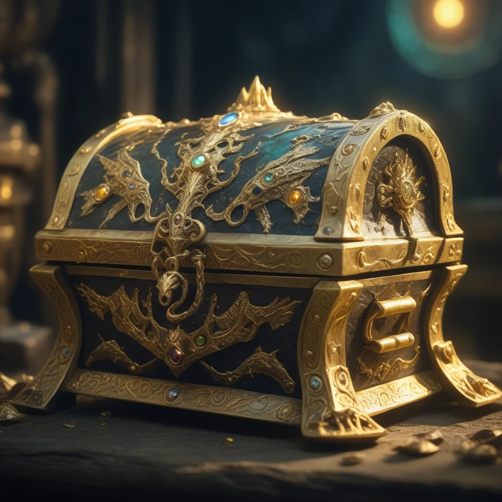 Monster disguised as a treasure chest, Very detailed, Complex design, Gorgeous gold embellishment, Shining Magic Aura, sharp claws and teeth, Ominous Presence, fantasy, Dark gloomy lights, Composition, Dramatic shadows, Rich colors, number, Concept Art, The award-winning