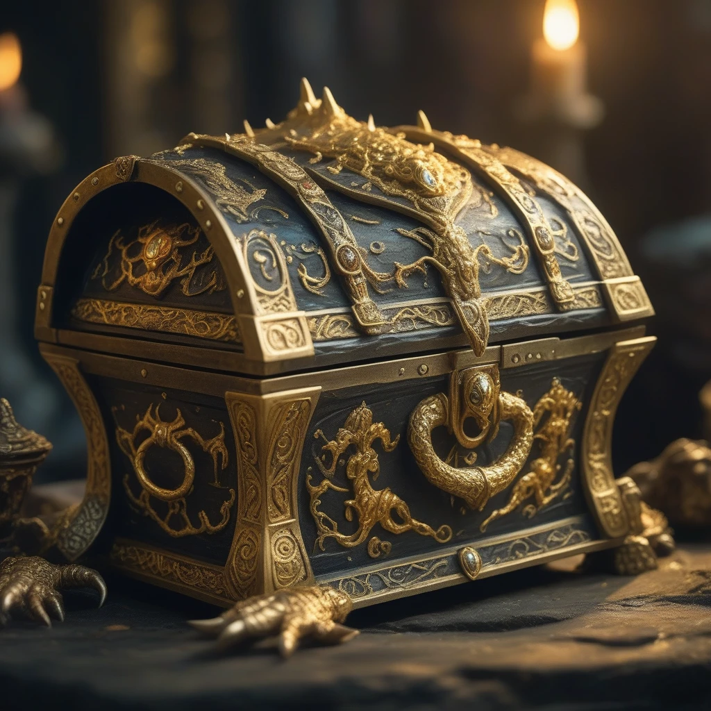 Monster disguised as a treasure chest, Very detailed, Complex design, Gorgeous gold embellishment, Shining Magic Aura, sharp claws and teeth, Ominous Presence, fantasy, Dark gloomy lights, Composition, Dramatic shadows, Rich colors, number, Concept Art, The award-winning